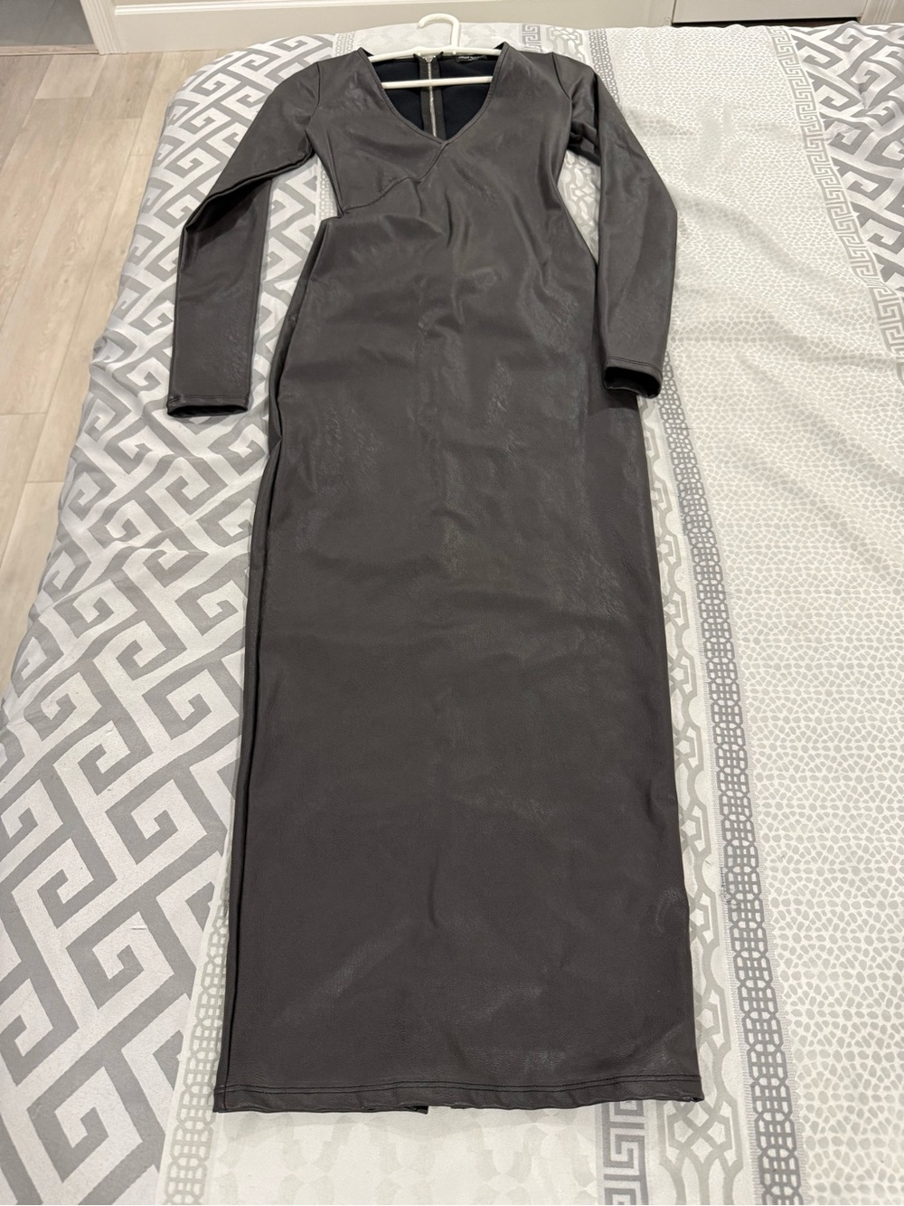 Naked Wardrobe Faux Leather Long Sleeve V-Neck Maxi Dress - Charcoal Grey XS